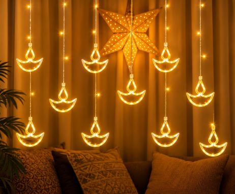 Diwali Hanging Diya LED Lights – 12 Diyas, 8 Lighting Modes